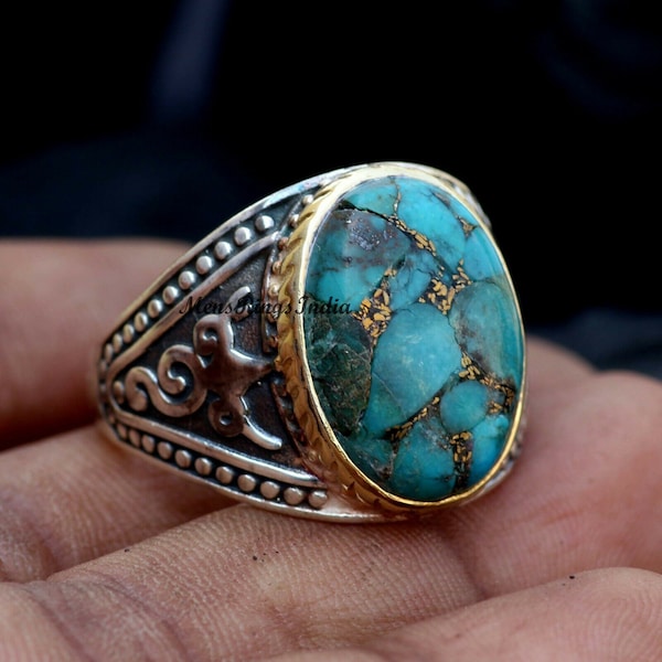 Handmade Ring, Turkish Handmade Silver Ring for Men Ottoman Ring of love, Blue Copper Turquoise Men Ring, Gift for Him, 925k Sterling Silver