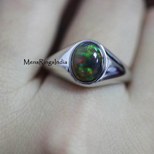 Natural Opal Mens Ring, Black Opal Ring,Black Opal Signet Ring, 925 Solid Sterling Silver Ring, Handmade Ring, Gift Ring, Signet Mens Ring
