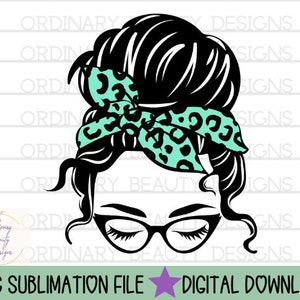 Messy bun with retro glasses, messy bun with headband png, messy bun png, retro cat glasses png, messy bun teal headband png, sublimation