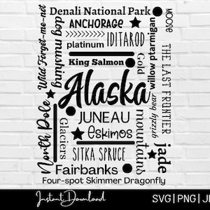 Alaska State Locations and facts SVG Datei, Alaska State Shirt, USA Schnittdatei, Alaska Shirt Design Datei, Alaska SVG, Cricut Datei