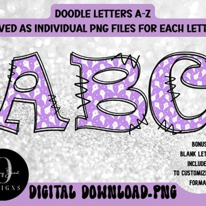 Purple Doodle Letters, Alphabet Bundle PNG, Alpha pack digital download, Sublimation Letters, Halloween Ghost Doodle Letters, PNG printable