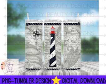 20 oz skinny straight tumbler, nautical tumbler, lighthouse tumbler, nautical sublimation png, lighthouse png, full wrap tumbler, compass