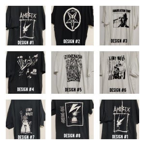 Könnte beinhalten: Neun verschiedene Designs für schwarz-weiße T-Shirts mit Bandlogos und Grafiken. Die Designs beinhalten "Amerix", "45 Grave", "Annihilation Time", "The Witch", "Negative Approach", "Limp Wrist", "Bad Brains" und "Limp Wrist".