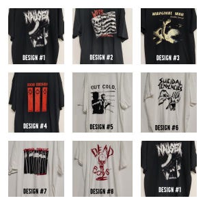 以下が含まれることがあります： バンドのロゴとグラフィックが描かれた、黒と白のTシャツの異なる9つのデザイン。デザインには、「Nause」、「Wiper」、「Marginal Man」、「Radio Birdman」、「Out Cold」、「Suicidal Tendencies」、「Animal Damage」、「Dead Boys」、「Nause」が含まれています。