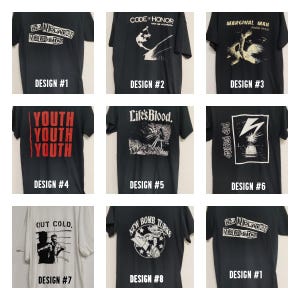 以下が含まれることがあります： バンド名とロゴが入ったTシャツの9つの異なるデザイン。デザインには、「The Newtown Neurotics」、「Code of Honor」、「Marginal Man」、「Youth」、「Life's Blood」、「Bad Brains」、「Out Cold」、「New Bomb Turks」、「The Newtown Neurotics」が含まれます。