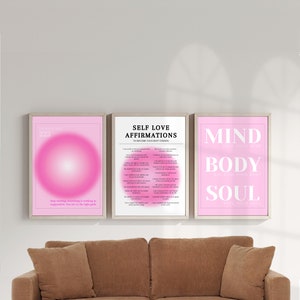 Conjunto de carteles de aura rosa, conjunto de 3 carteles de afirmación. Impresión gradiente Juego de 3 impresiones de manifestación.