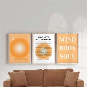 Conjunto de carteles de aura, conjunto de 3 carteles de afirmación. Impresión gradiente Juego de 3 impresiones de manifestación. Naranja.
