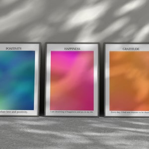 Conjunto de carteles de aura, conjunto de 3 carteles de afirmación. Impresión gradiente Positividad, felicidad, gratitud para manifestar.