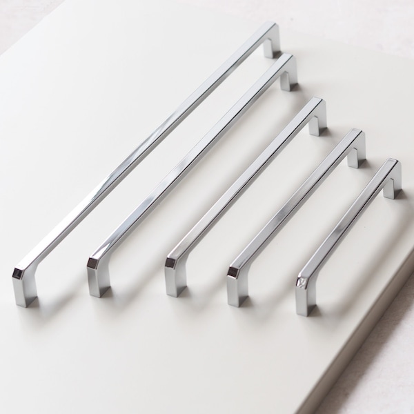 Polished Chrome Kitchen Cabinet Square Angled D Handles | 128mm 160mm 192mm 256mm 320mm Cupboard Door Drawer Pull Wardrobe Furniture