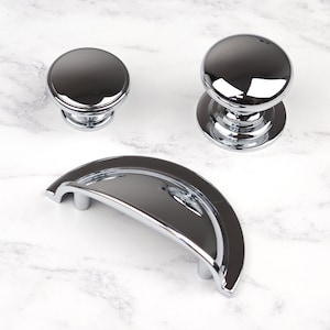 Polished Chrome Shaker Kitchen Cabinet Cup Handle 64mm & Matching Round Knobs Cupboard Drawer Door Pull Wardrobe Furniture Replacement