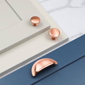 Satin Copper Kitchen Handles Rose Gold Half Moon Cup Matching Round Knobs Cupboard Cabinet Door Drawer Pull Furniture Replacement Upcycle