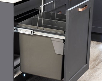 Papelera de cocina extraíble de 90 L, gris oscuro, para gabinete de 600 mm/cierre suave, 2 compartimentos de 45 L, reciclaje de residuos generales, fijación para puerta montada en puerta