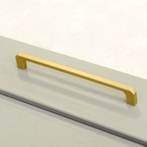 May include: A gold cabinet pull with a rectangular shape and slightly rounded edges.
