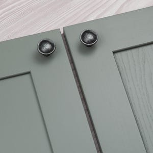 Puede incluir: Dos puertas de armario con pomos de metal negro. Las puertas están pintadas de un color verde claro.