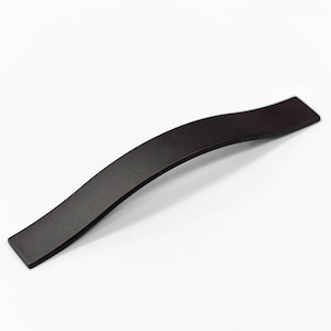 May include: A matte black cabinet pull with a gently curved design. The hardware has a rectangular shape at each end and a smooth, wave-like curve in the center. This modern handle is suitable for drawers and cabinets.