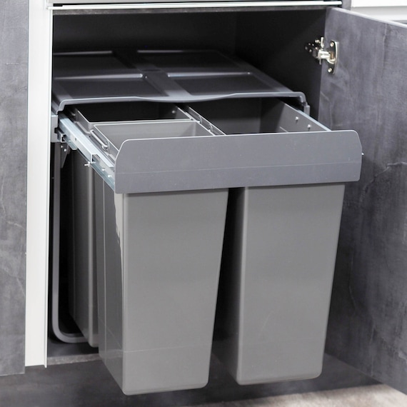 68L Grey Pull Out Integrated Kitchen Waste & Recycling Bin for 600mm Wide  Cabinet 1 X 34L 2 X 17L Compartments Soft Close Base Mounted 