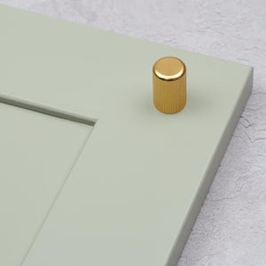 Könnte beinhalten: Ein goldfarbener Schrankknopf mit strukturierter Oberfläche. Der Knopf ist an einer hellgrünen Schranktür montiert.