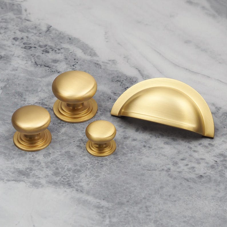 Solid Brass Kitchen Cup Handle & Matching Knobs Satin Gold Cabinet ...
