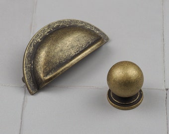 Antique Brass Kitchen Cabinet 76mm Cup Handle & Matching Round Knob Cupboard Door Drawer Pull Bathroom Wardrobe