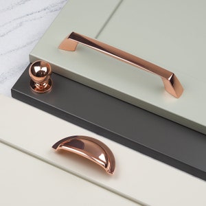 Copper Kitchen Door Handles Half Moon Cup, 160mm Bar, Round Knob Pull Polished Rose Gold Cupboard Cabinet Furniture Drawer Upcycle Hardware