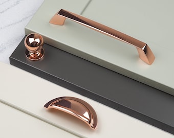 Copper Kitchen Door Handles Half Moon Cup, 160mm Bar, Round Knob Pull Polished Rose Gold Cupboard Cabinet Furniture Drawer Upcycle Hardware