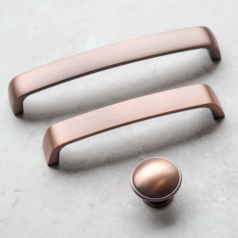 Brushed Copper Kitchen Cabinet Rounded D Handles 128mm & 160mm Matching 35mm Knob Hardware Drawer Wardrobe Furniture Pull image 1