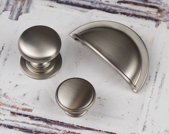 Shaker Nickel brossé pour armoires de cuisine, poignée en forme de tasse, 64 mm, boutons ronds assortis, 38 mm et 42 mm, porte de meuble, tiroir, penderie, chambre, salle de bain