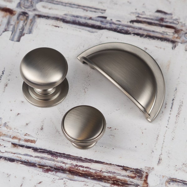 Brushed Nickel Shaker Kitchen Cabinet Cup Handle 64mm Matching Round Knobs 38mm & 42mm Furniture Door Drawer Wardrobe Bedroom Bathroom