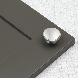 May include: A brushed nickel cabinet knob with a round, slightly raised top. The knob is mounted on a dark gray cabinet door.