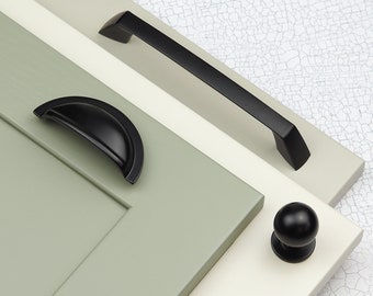 Manijas de cajón de puerta de cocina de color negro mate, barra de 160 mm a juego, taza de media luna y perilla redonda, muebles de gabinete, hardware de bricolaje Upcycle