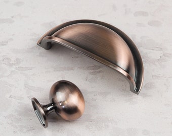 Brushed Dark Copper Cup Handle 76mm & Matching Oval Knob Kitchen Cupboard Bedroom Bathroom Cabinets and Upcycling Furniture