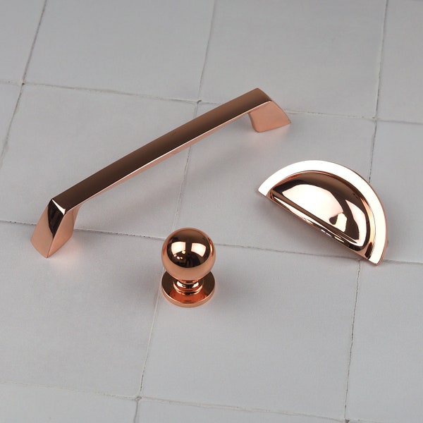 Rose Gold Copper Kitchen Cabinet Cup Handle 76mm Bar Handle 160mm & Matching Round Knob Pull Bathroom Bedroom Cupboard Door Drawer