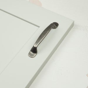 May include: A light sage green cabinet door featuring a single arched metal handle with a dark, weathered, antique-style finish. The handle is mounted horizontally on the flat, smooth surface of the door, which has a clean, simple frame design.