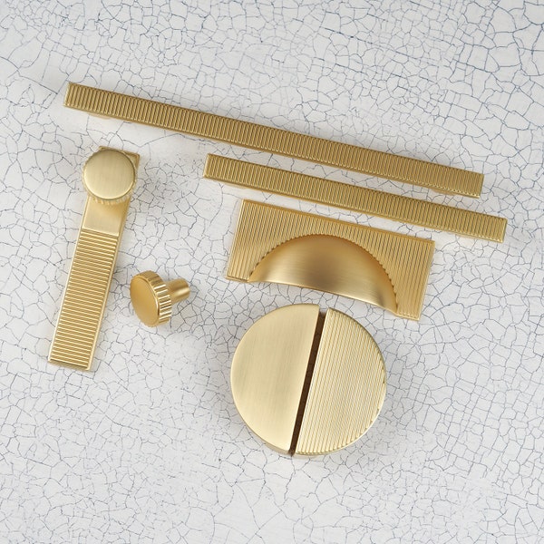 Satin Brushed Brass Ribbed Kitchen Handles Matt Bar Gold Pull Cup Half Moon & Backplate Knob Furniture Drawer Cupboard Upcycle Wardrobe