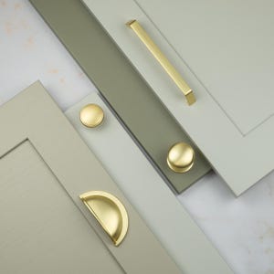 Brushed Brass Cabinet Handles 64mm Cup 160mm Pull Matching 38mm & 42mm Knobs Cupboard Drawer