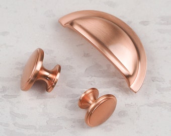 Satin Copper Rose Gold Kitchen Cabinet Cup Handle 76mm+ & Matching Knobs Bathroom Bedroom Cupboard Door Drawer Pull Replacement Upcycle