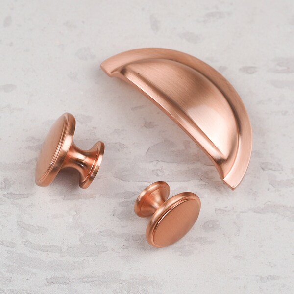 Satin Copper Rose Gold Kitchen Cabinet Cup Handle 76mm+ & Matching Knobs Bathroom Bedroom Cupboard Door Drawer Pull Replacement Upcycle