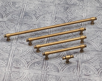 Poignées de barre d'armoire en laiton antique, fermoir en or vieilli rustique, bouton de tirage 5 tailles, armoire de cuisine, porte tiroir, penderie, quincaillerie de meubles
