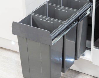 Cubo de basura y reciclaje de cocina extraíble integrado gris oscuro para unidad base de 300 mm / 3 compartimentos de 10 litros montados en la base con cierre automático