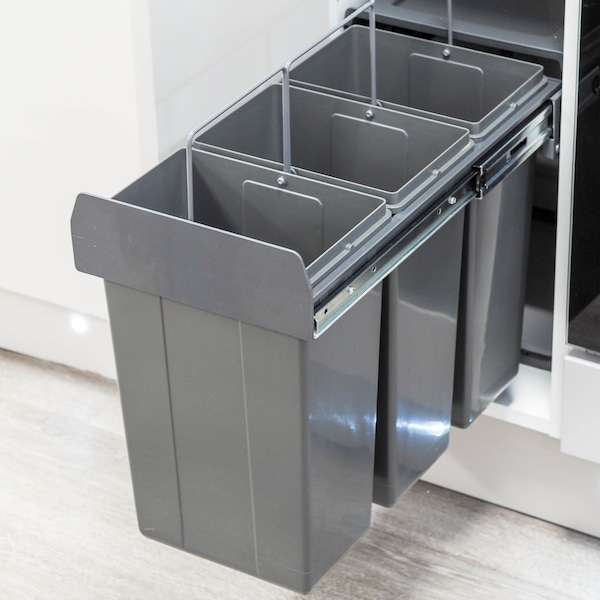 Poubelle de cuisine et de recyclage intégrée gris foncé pour unité de base de 300 mm | 3 x 10 litres à fermeture automatique montés sur la base 3 x compartiments