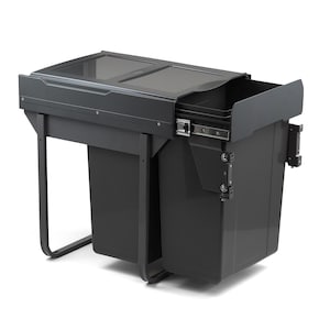 May include: A black pull-out bin system with two compartments. The system has a lid and a metal frame.