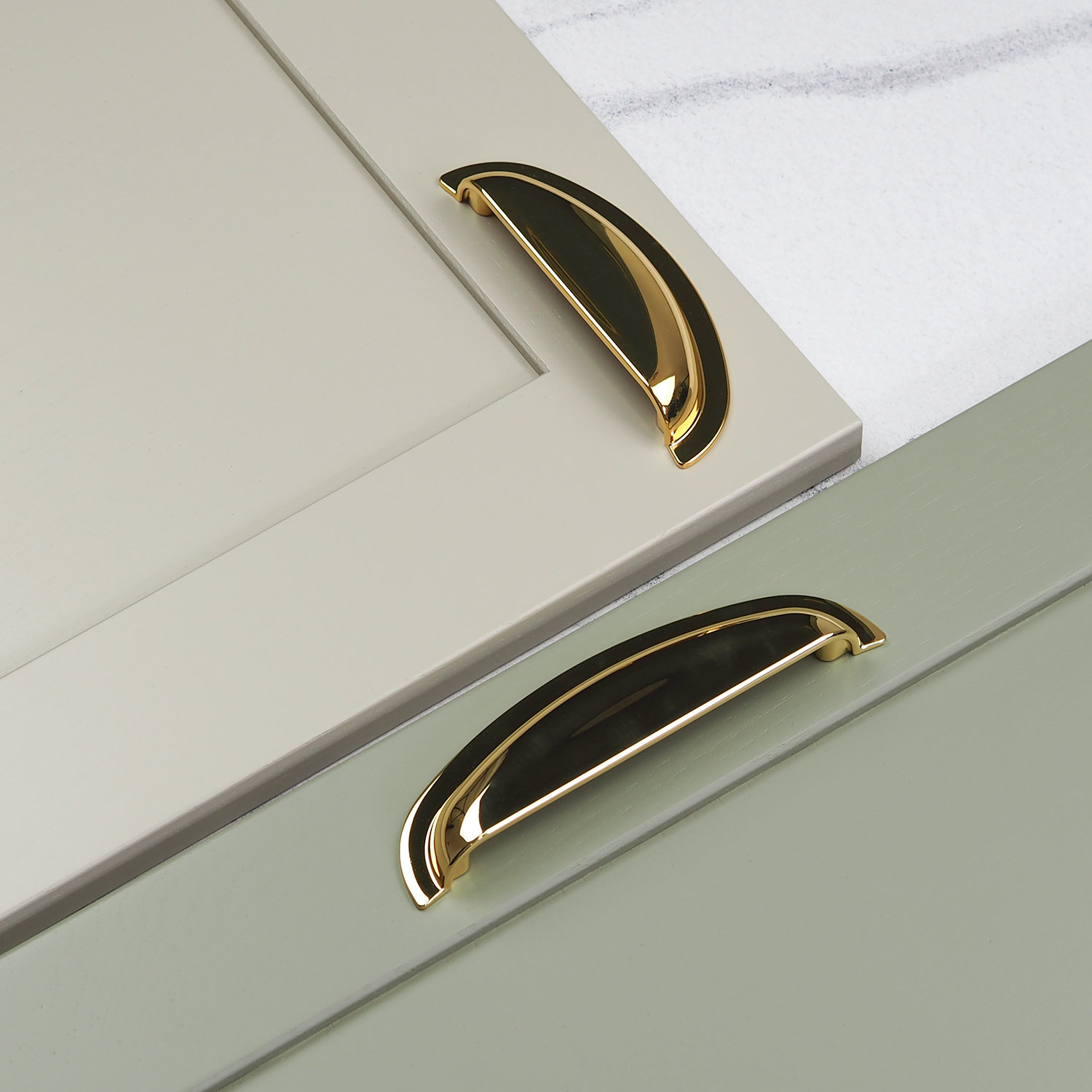 Polished Brass Kitchen Cabinet Shaker Cup Handles 96mm & 128mm Centres Cupboard Drawer Door Pull Bedroom Bathroom Wardrobe Replacement