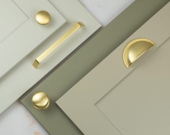 Brushed Brass Cabinet Handles 64mm Cup 160mm Pull Matching 38mm & 42mm Knobs Cupboard Drawer