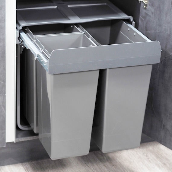 Cubo de basura y reciclaje en acero gris oscuro con 4 compartimentos