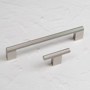 Brushed Nickel Knurled Kitchen Cabinet Handle 160mm & Matching Boss Bar Knob Pull Bedroom Bathroom Cupboard Door Drawer Furniture