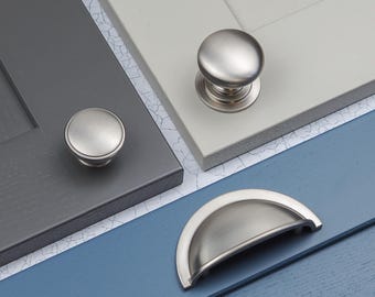 Nickel Kitchen Cabinet Cup Handle & Matching Round Knob Shaker Half Moon Pull Brushed Silver Farmhouse Cupboard Door Drawer Upcycle Replace