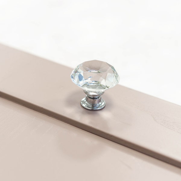 Clear Crystal & Polished Chrome Kitchen Cabinet Round Knob Handle 30mm Drawer Cupboard Furniture Wardrobe Dressing Table Sparkle Gem Pull