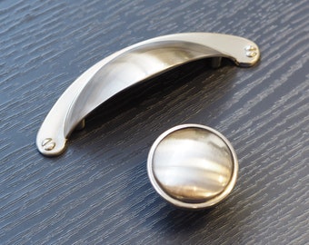 Brushed Nickel Shaker Kitchen Cabinet Cup Handle 64mm & Matching Round Knob Bathroom Cupboard Door Drawer Pull Wardrobe Furniture