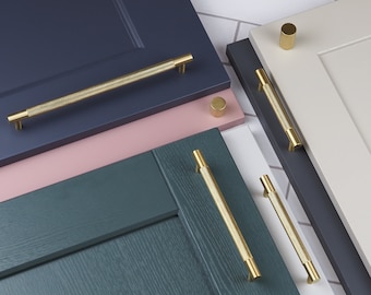 Satin Brass Knurled Solid Bar Kitchen Cabinet Handles & Matching Round Button Knobs For Bathroom Bedroom Door Drawer Wardrobe Gold Diamond