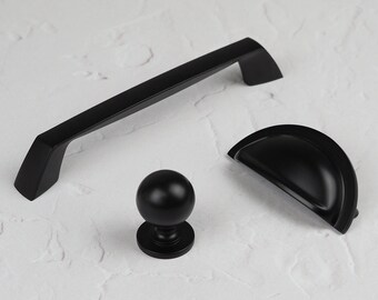 Matt Black Kitchen Cabinet D Handle 160mm Shaker Cup Handle 76mm & Matching Round Knob Bedroom Bathroom Cupboard Door Drawer Pull